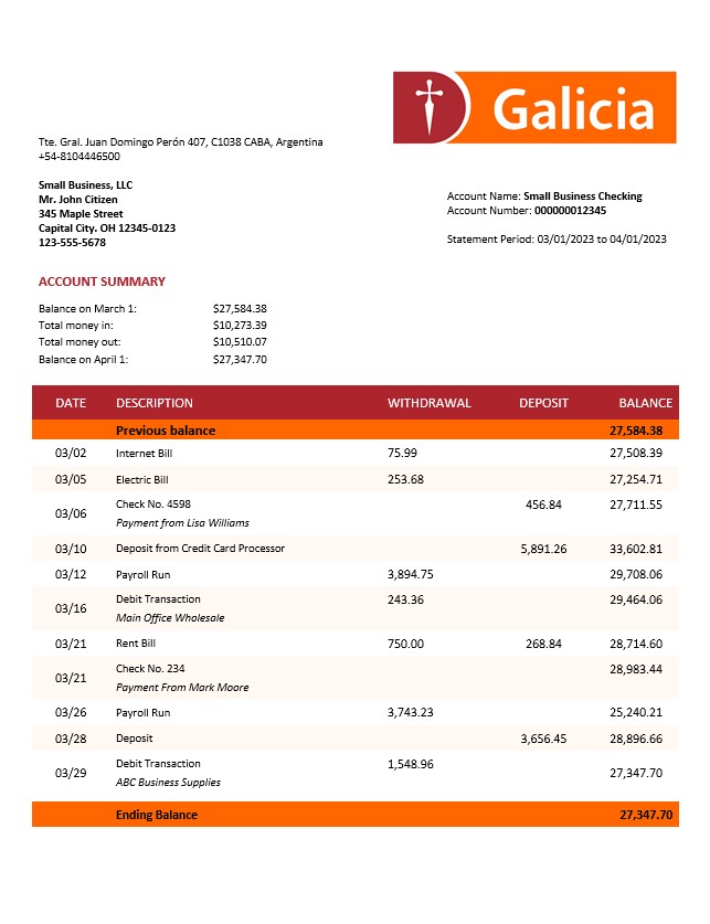 Modèle Word et PDF de relevé de compte d'entreprise Banco Galicia